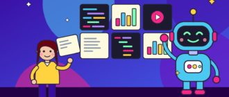 Девушка и большой добрый робот вместе раскладывают на стене экраны с кодом, графиками, документами и видео